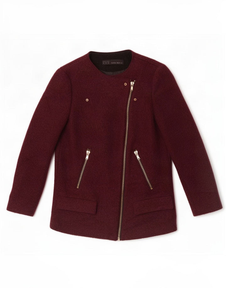 Zara Womens Full Zip Blazer Jacket UK 12 Medium Burgundy Wool
