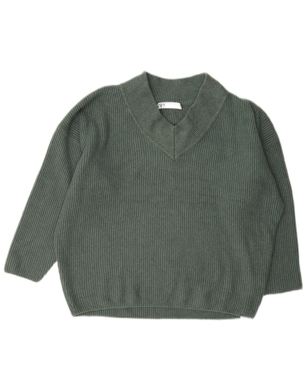 Zara Womens Oversized V-Neck Jumper Sweater UK 14 Medium Green Acrylic
