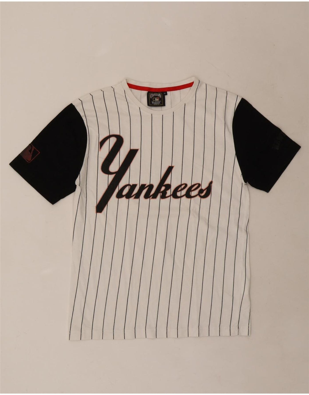 Majestic Mens Yankees Graphic T-Shirt Top Medium White Striped Cotton