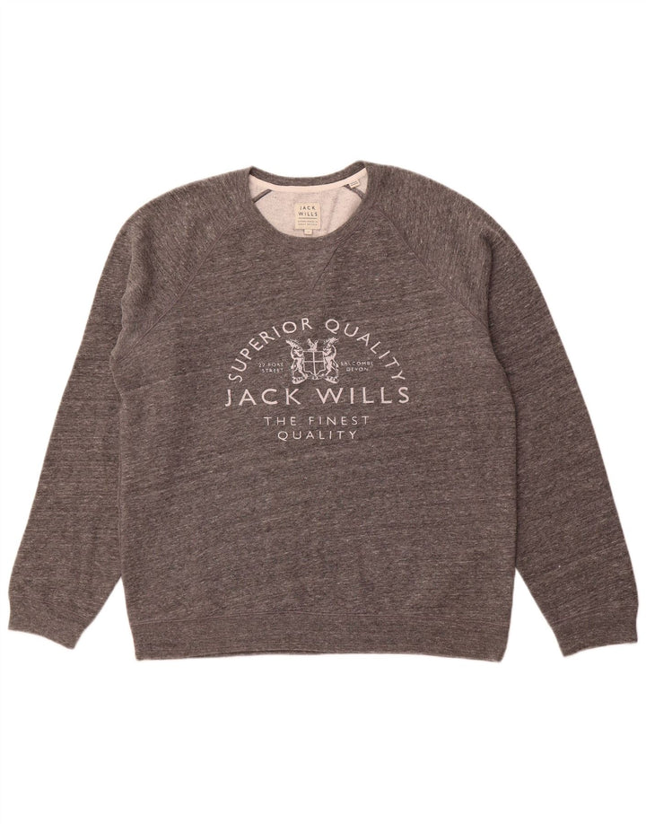 JACK WILLS Mens Graphic Crew Neck Jumper Sweater XL Grey Flecked Cotton