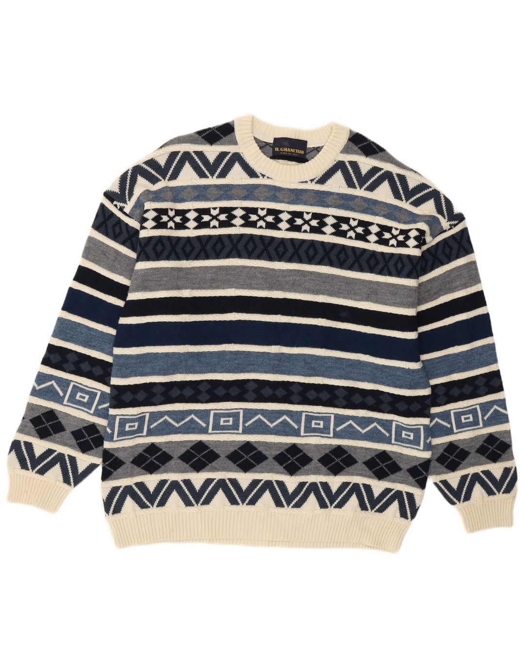 Il Granchio Mens Crew Neck Jumper Sweater Large Blue Geometric