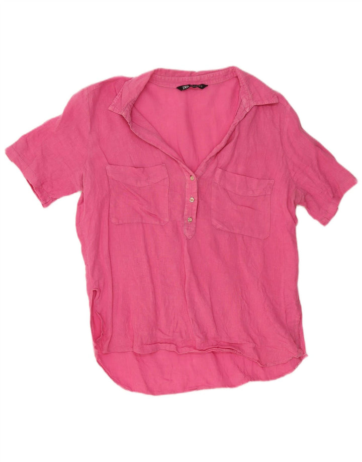 ZARA Womens Short Sleeve Shirt Blouse UK 18 XL Pink