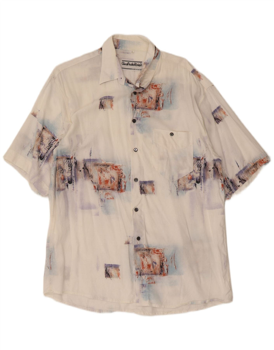 Vintage Mens Short Sleeve Shirt Large White Patchwork