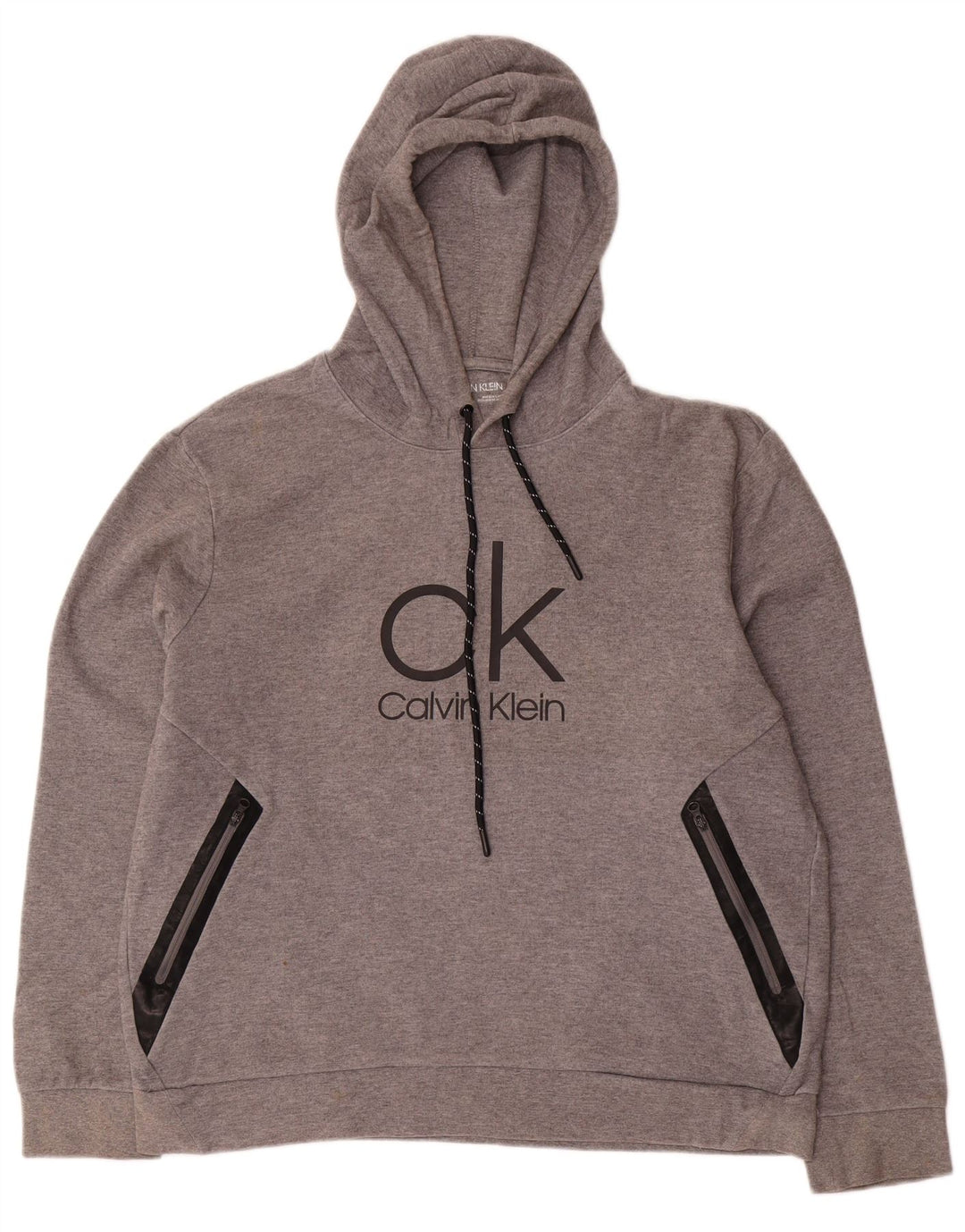 CALVIN KLEIN Mens Graphic Hoodie Jumper Large Grey Cotton