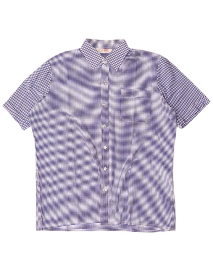 St Michael Mens Short Sleeve Shirt XL Blue Gingham Cotton