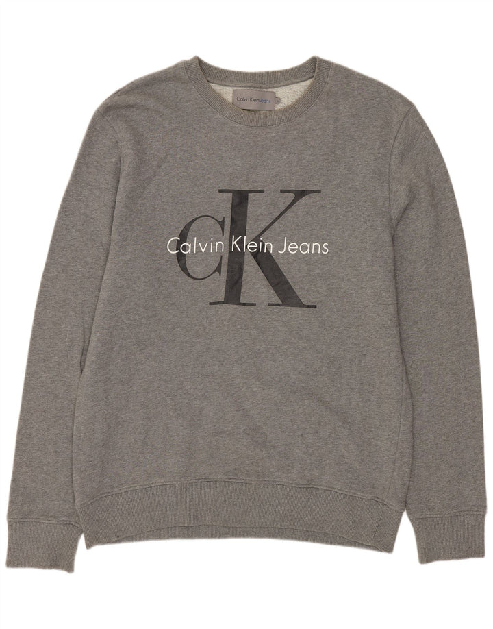Calvin Klein Jeans Mens Graphic Sweatshirt Jumper Large Grey Flecked Cotton