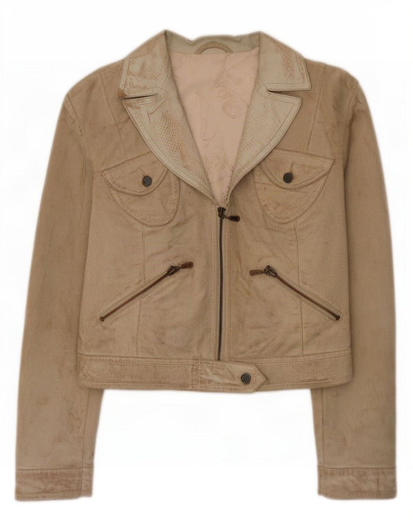J.J.Scott Womens Crop Graphic Suede Biker Jacket IT 44 Medium Grey Leather