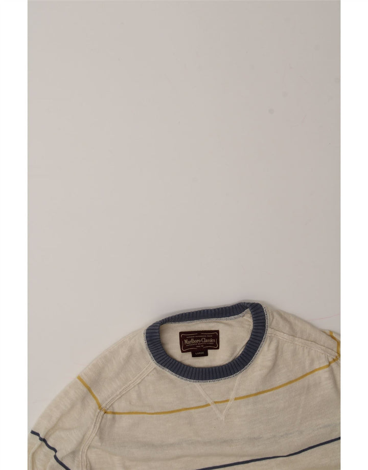MARLBORO CLASSICS Mens Crew Neck Jumper Sweater Large Off White Striped Vintage Marlboro Classics and Second-Hand Marlboro Classics from Messina Hembry 
