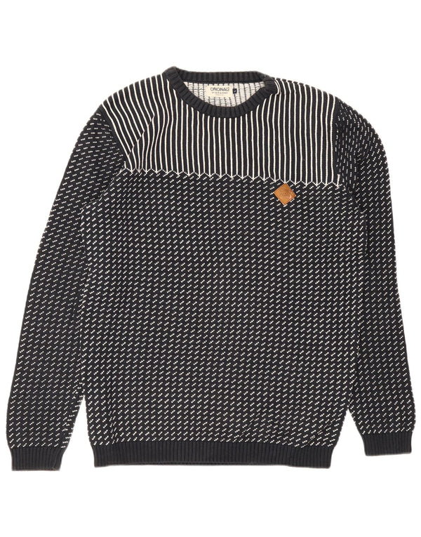 Jack & Jones Mens Crew Neck Jumper Sweater Large Navy Blue Striped Cotton