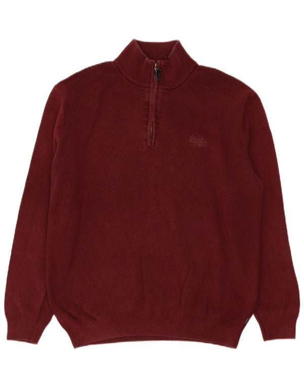 Superdry Mens Zip Neck Jumper Sweater Large Burgundy Cotton