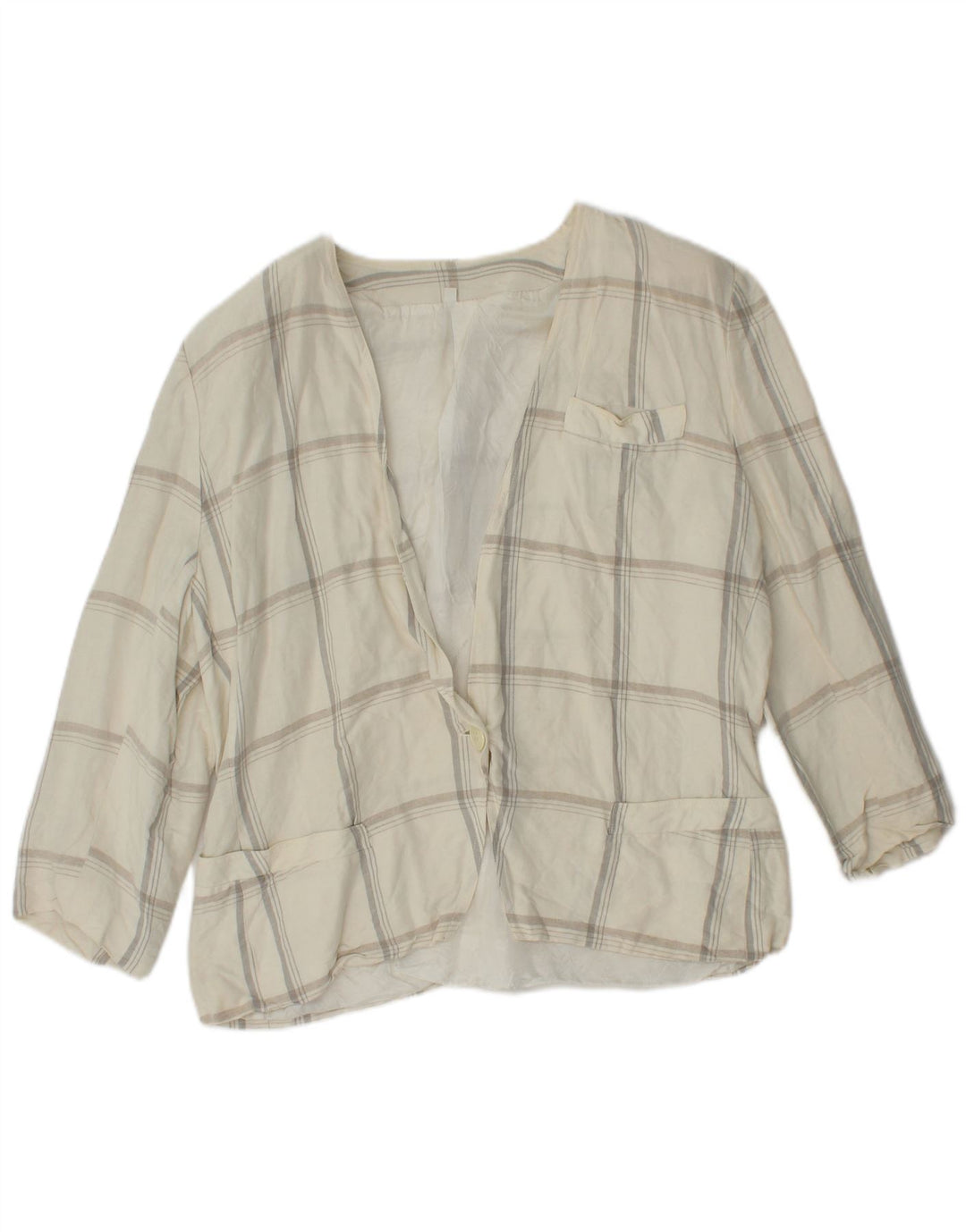 Vintage Womens 1 Button Blazer Jacket UK 14 Medium Beige Check Linen