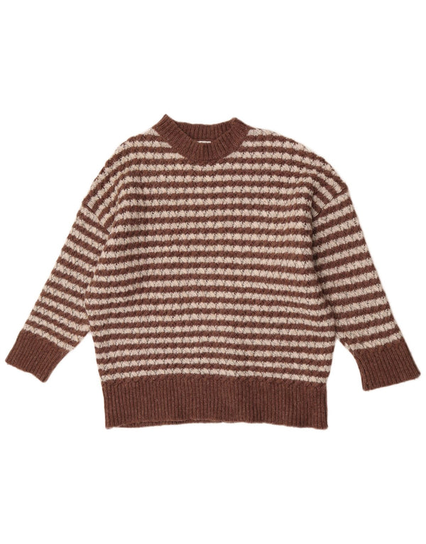 Zara Womens Crew Neck Jumper Sweater UK 14 Medium Brown Striped Nylon