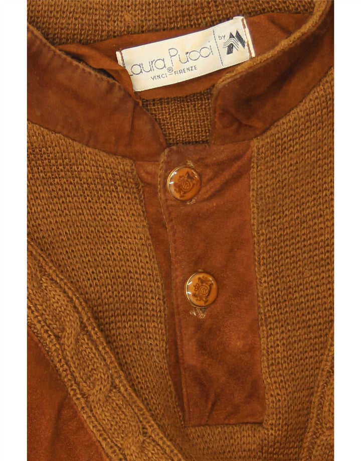 Laura Pucci Mens Button Neck Jumper Sweater Medium Brown