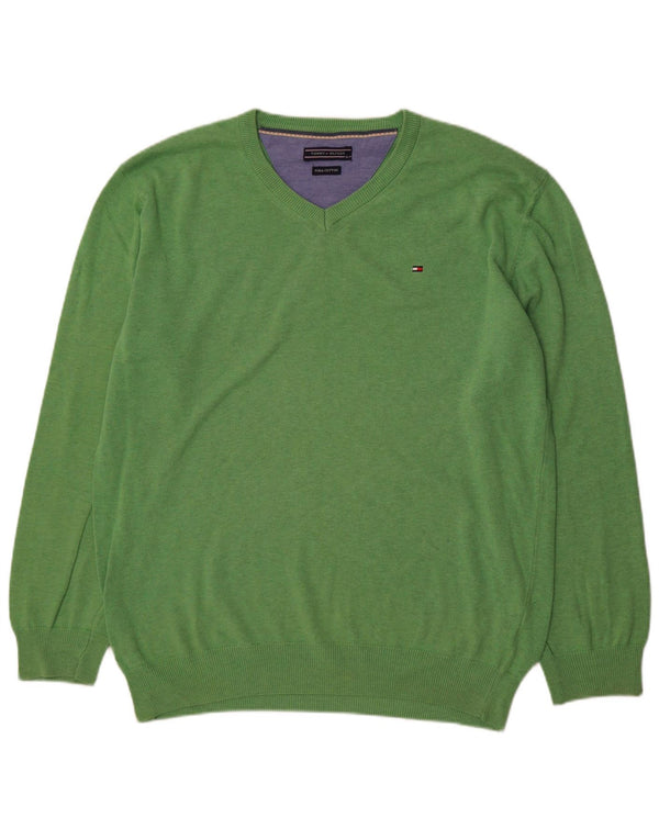 Tommy Hilfiger Mens V-Neck Jumper Sweater XL Green Cotton