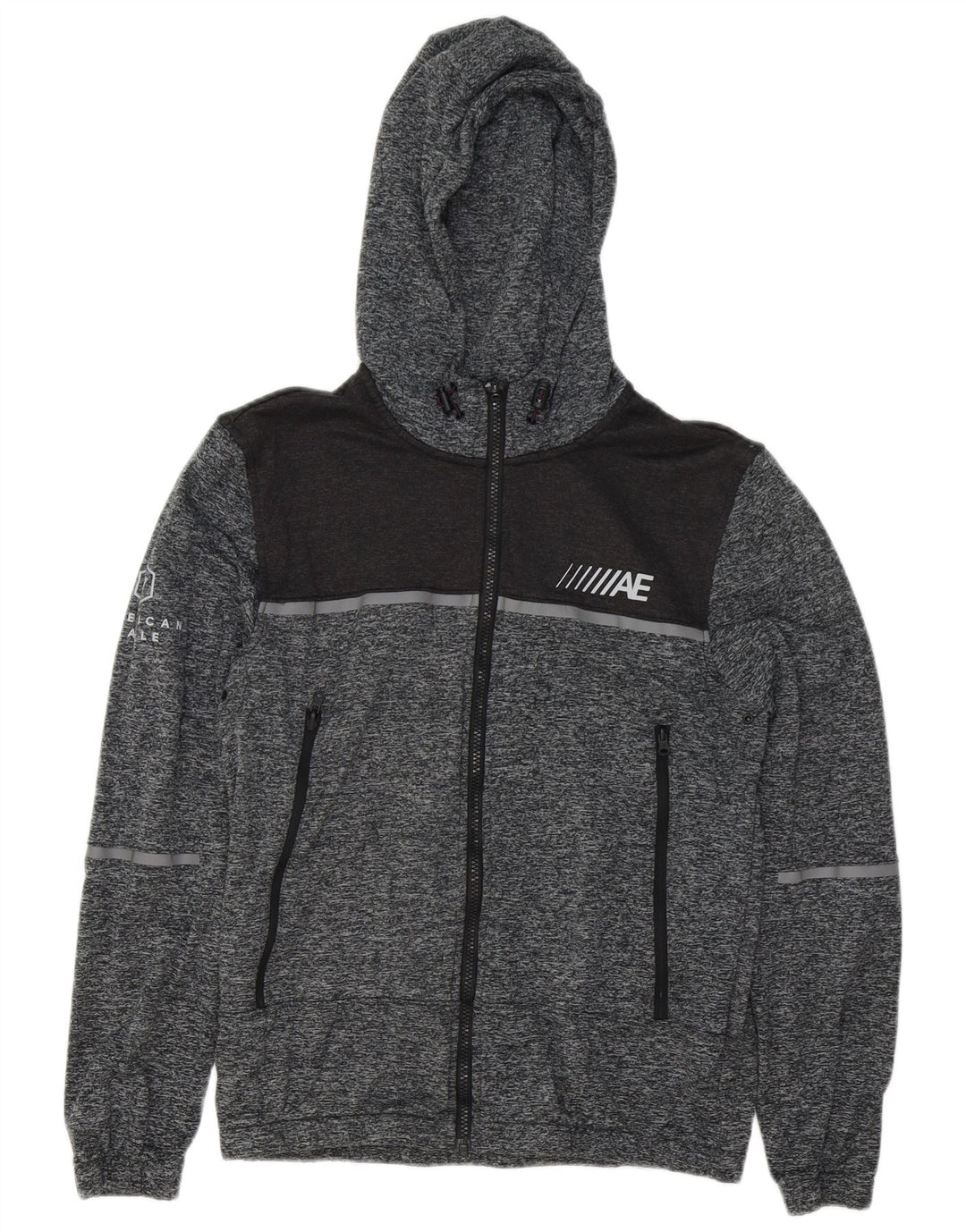 AMERICAN EAGLE Mens Graphic Zip Hoodie Sweater Small Grey Flecked