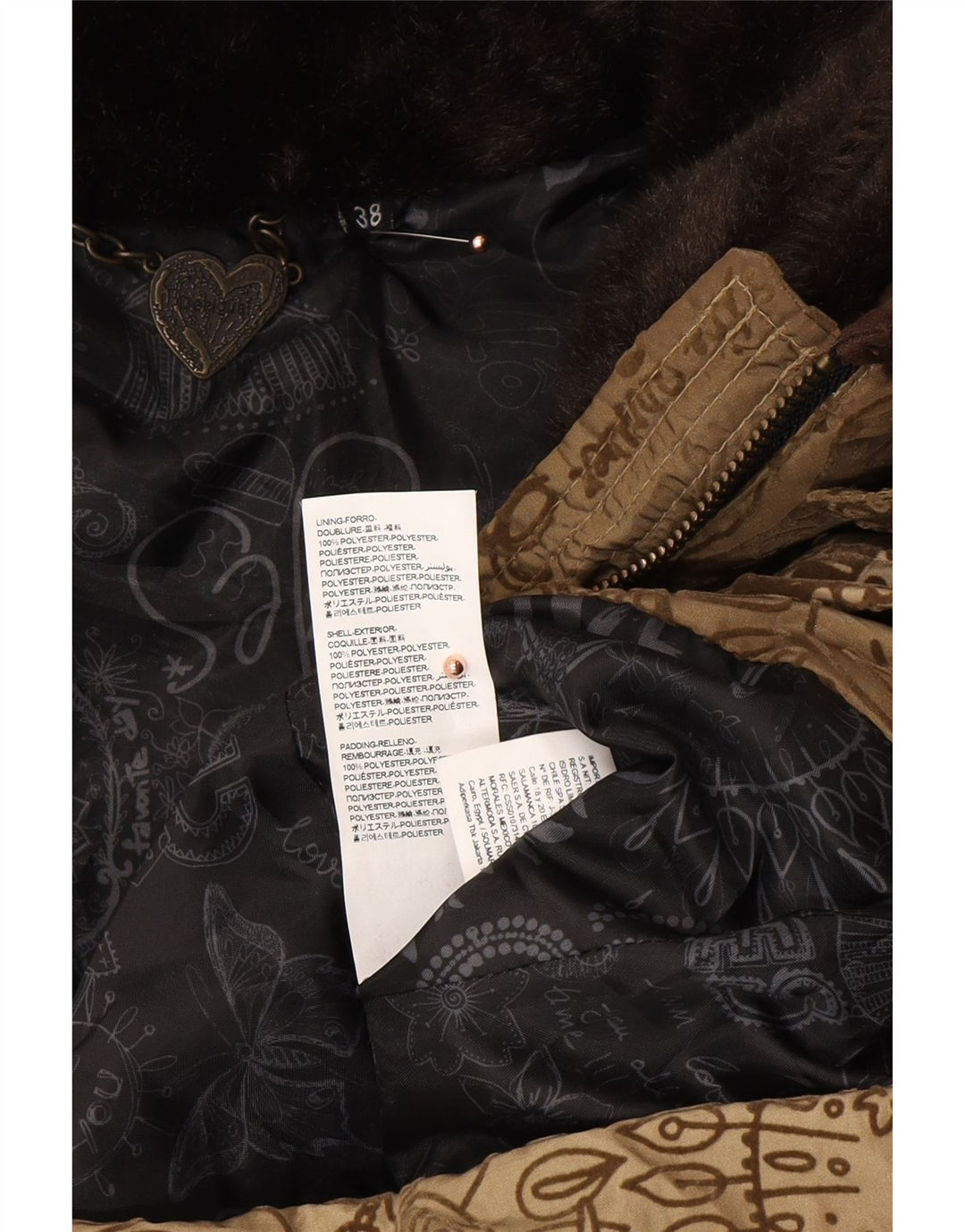 DESIGUAL Womens Abstract Pattern Graphic Padded Coat EU 38 Medium Brown