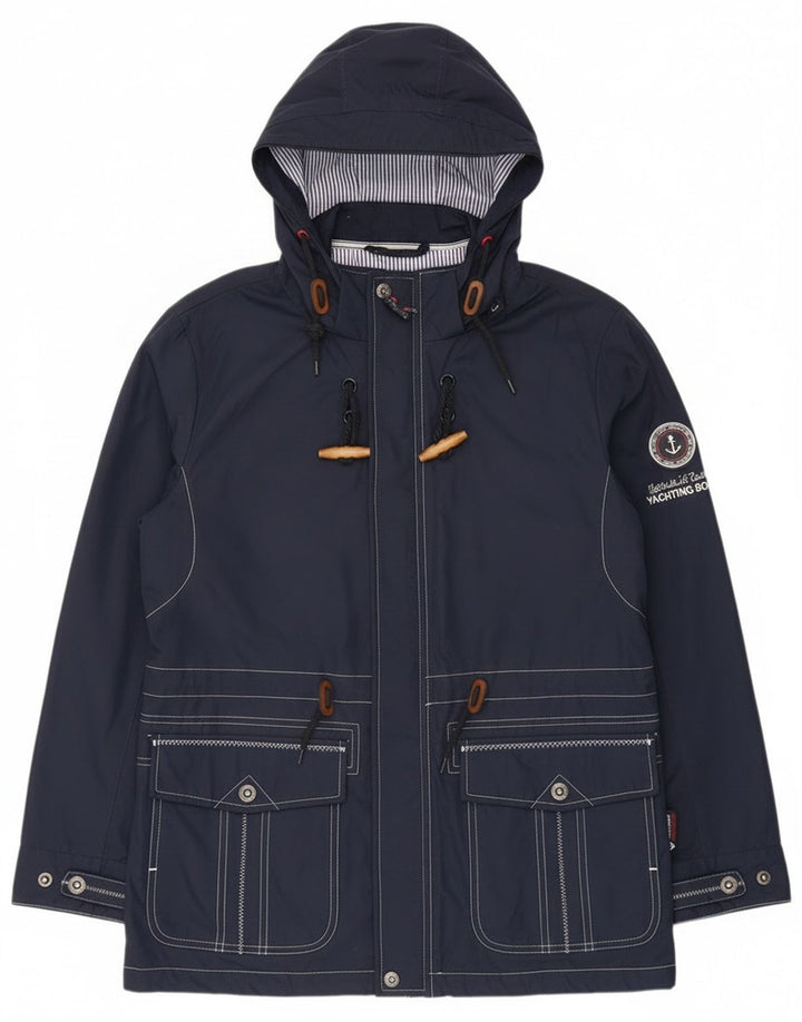 Vintage Womens Graphic Hooded Rain Jacket UK 12 Medium Navy Blue Polyester
