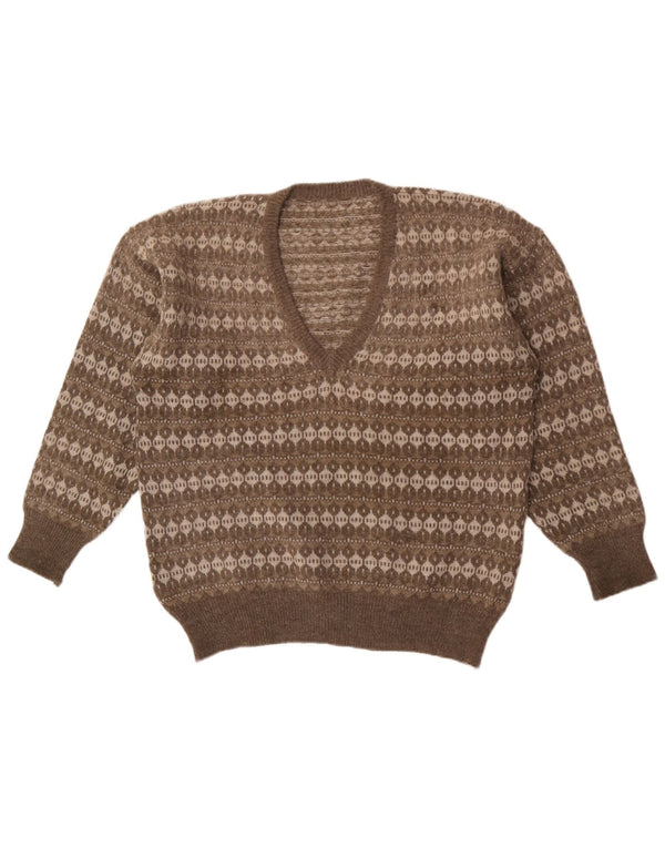 Vintage Mens V-Neck Jumper Sweater Medium Grey Striped