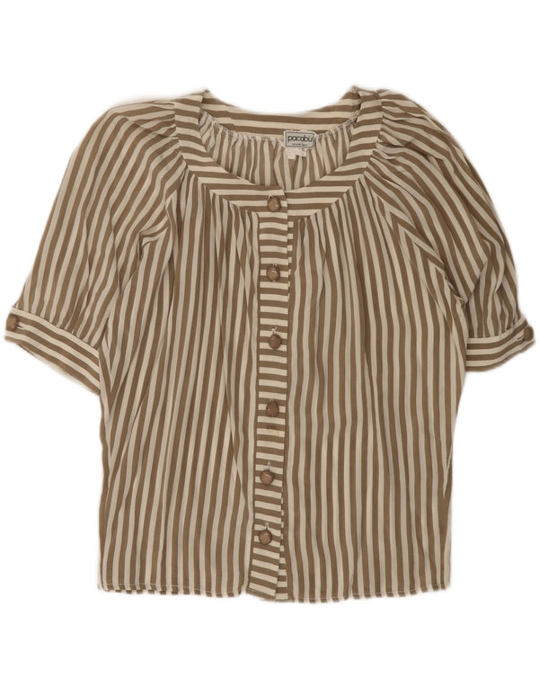 Vintage Womens Short Sleeve Shirt Blouse IT 42 Medium Brown Striped Linen