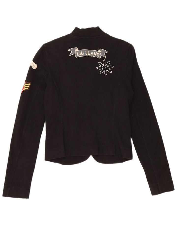 LIU JO Womens Crop Graphic 4 Button Blazer Jacket UK 6 XS Black Cotton