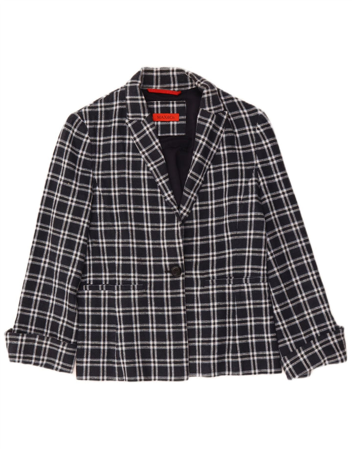 Max & Co. Womens 1 Button Blazer Jacket UK 12 Medium Navy Blue Check Cotton