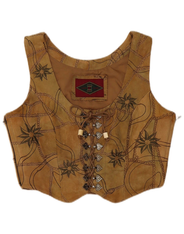 VINTAGE Womens Suede Waistcoat EU 38 Medium Brown Floral Leather