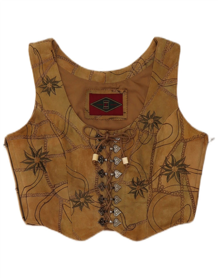 VINTAGE Womens Suede Waistcoat EU 38 Medium Brown Floral Leather