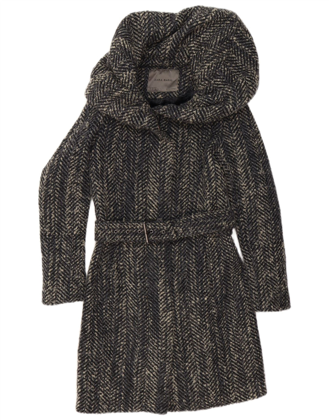 Zara Womens Overcoat UK 6 XS Grey Herringbone Polyester