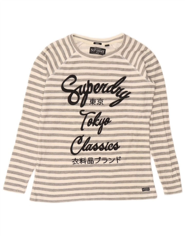 Superdry Womens Graphic Top Long Sleeve UK 10 Small Grey Striped Cotton