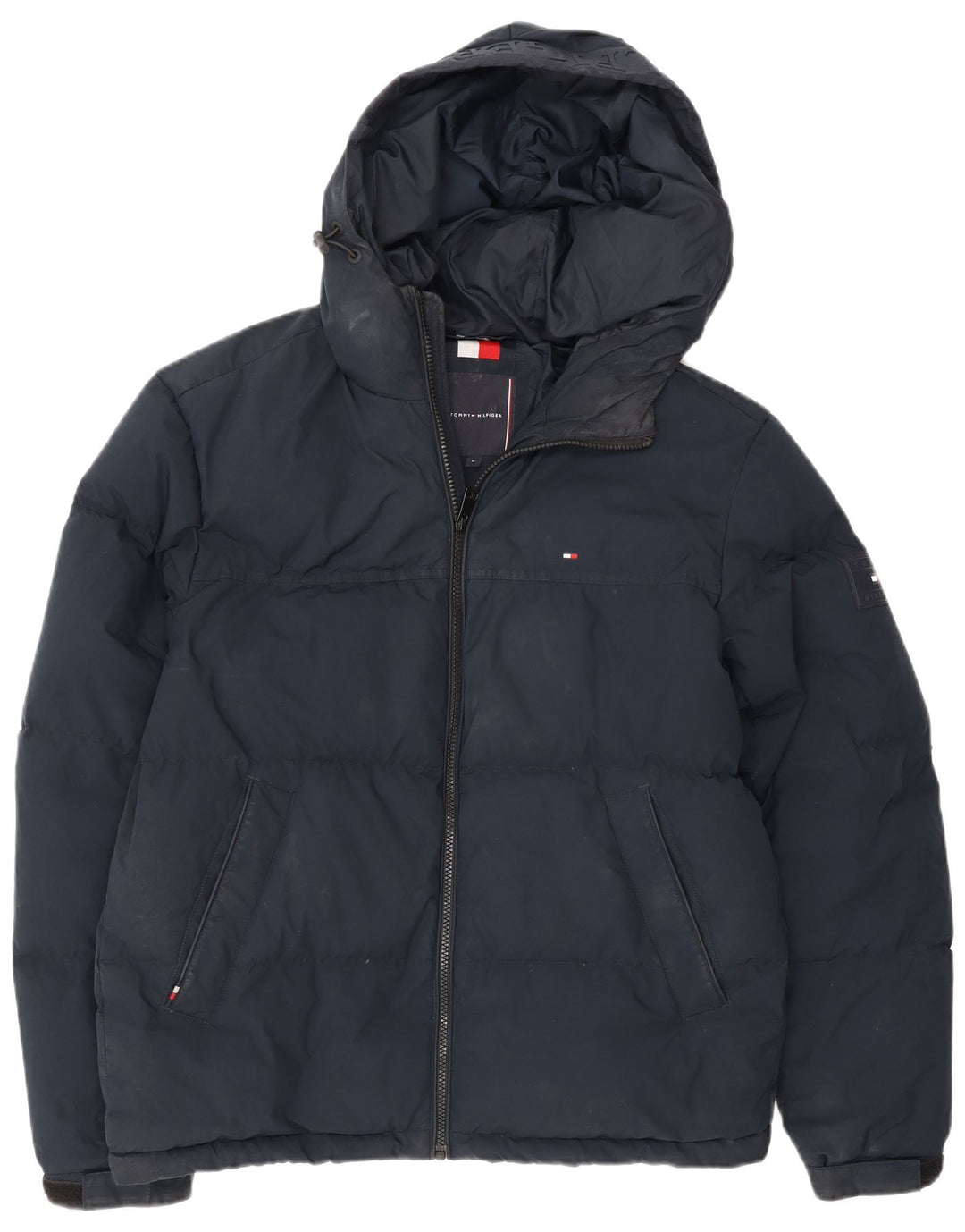 Tommy Hilfiger Mens Hooded Padded Jacket UK 38 Medium Navy Blue Polyester