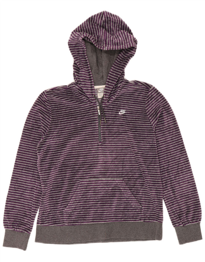 NIKE Womens Velour Zip Neck Hoodie Jumper UK 20/22 XL Purple Striped