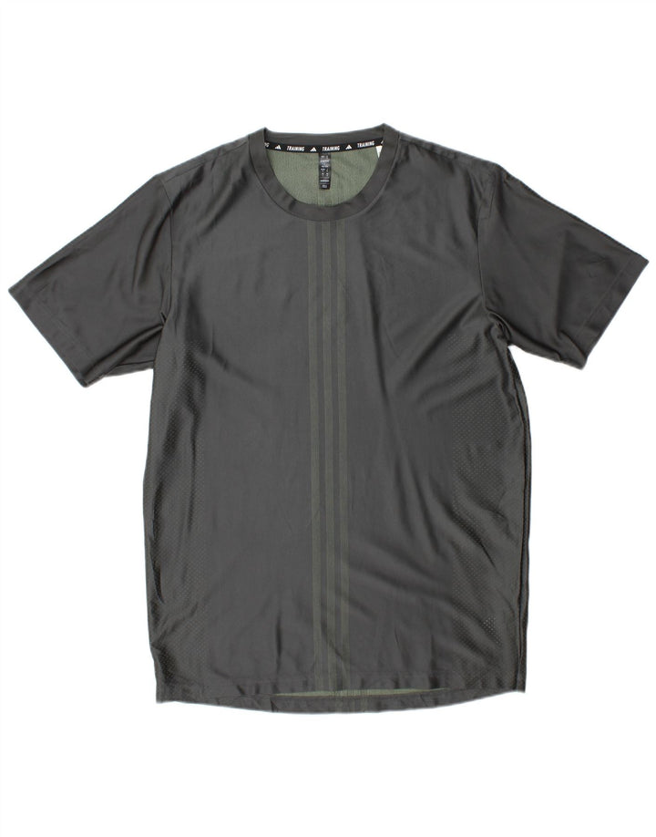 Adidas Mens Aeroready T-Shirt Top Medium Grey Striped Polyester