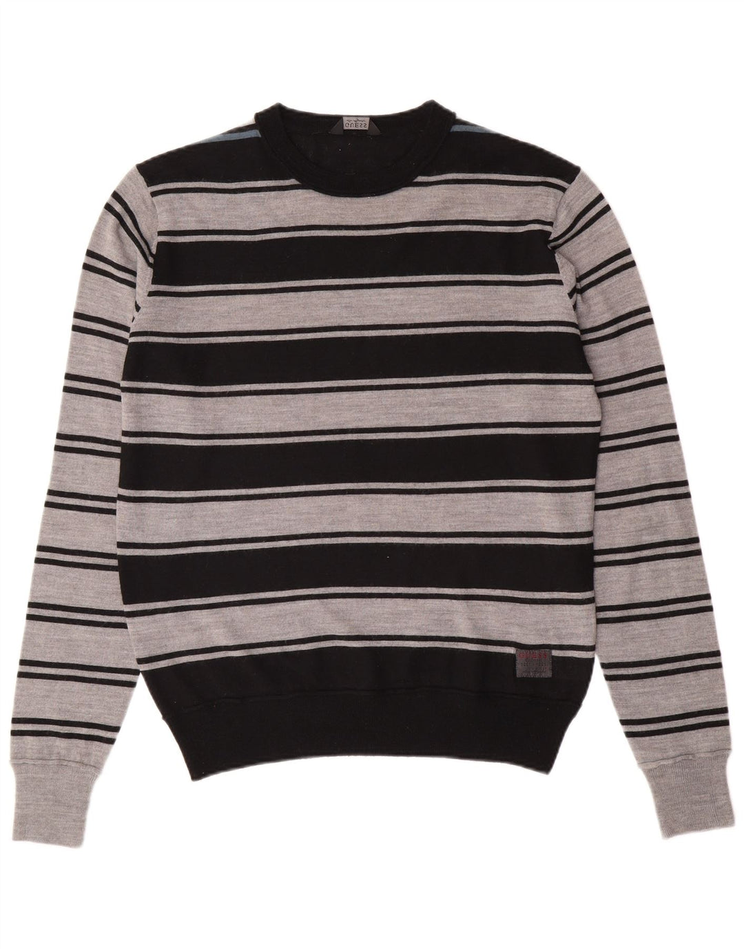 GUESS Mens Crew Neck Jumper Sweater Medium Black Striped Acrylic