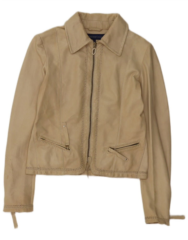 TRUSSARDI JEANS Womens Crop Leather Jacket IT 44 Medium Beige Leather