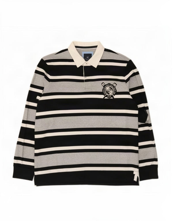 Crew Clothing Mens Long Sleeve Rugby Polo Shirt Large Grey Striped Cotton