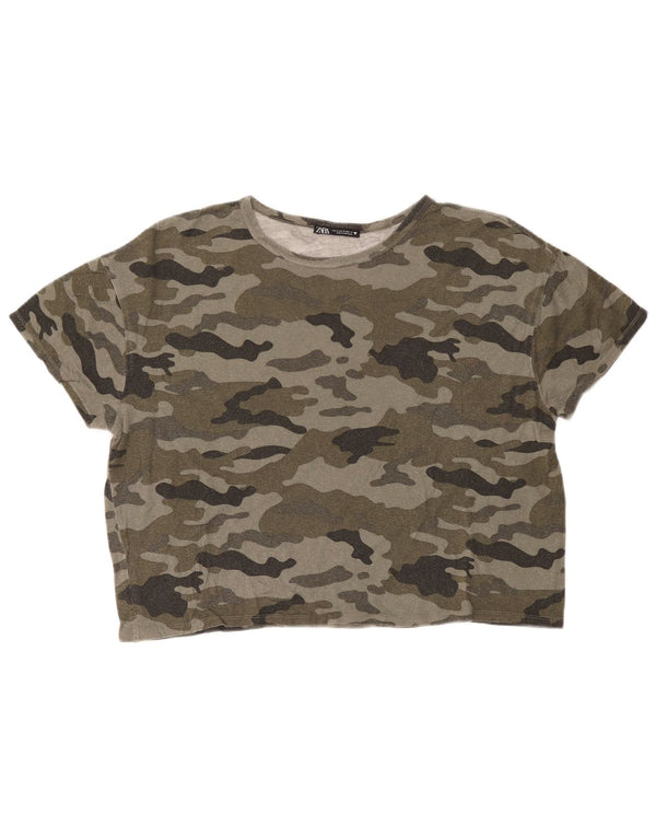 Zara Womens Crop Oversized T-Shirt Top UK 14 Medium Green Camouflage