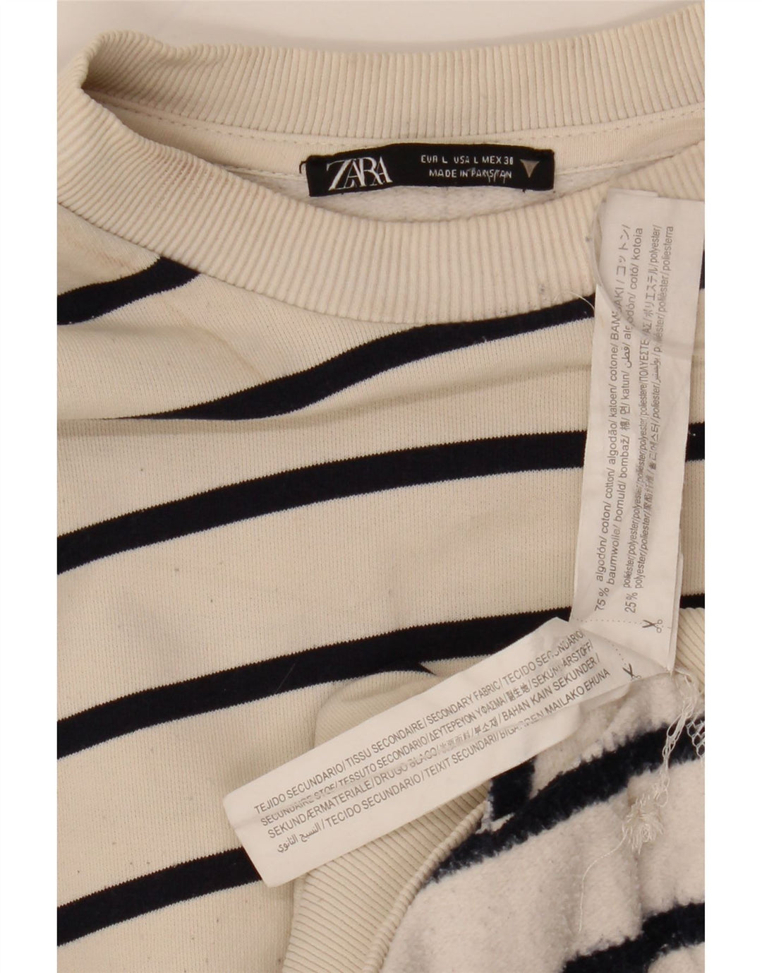 ZARA Womens Crop Sweatshirt Jumper UK 16 Large White Striped Cotton