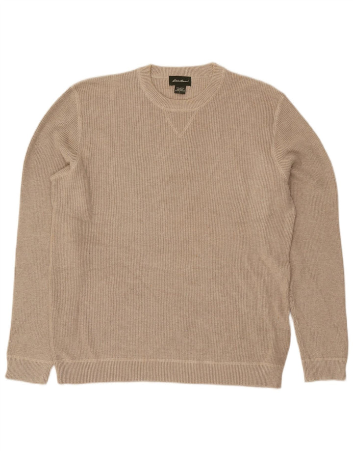 Eddie Bauer Mens Crew Neck Jumper Sweater Large Beige Cotton