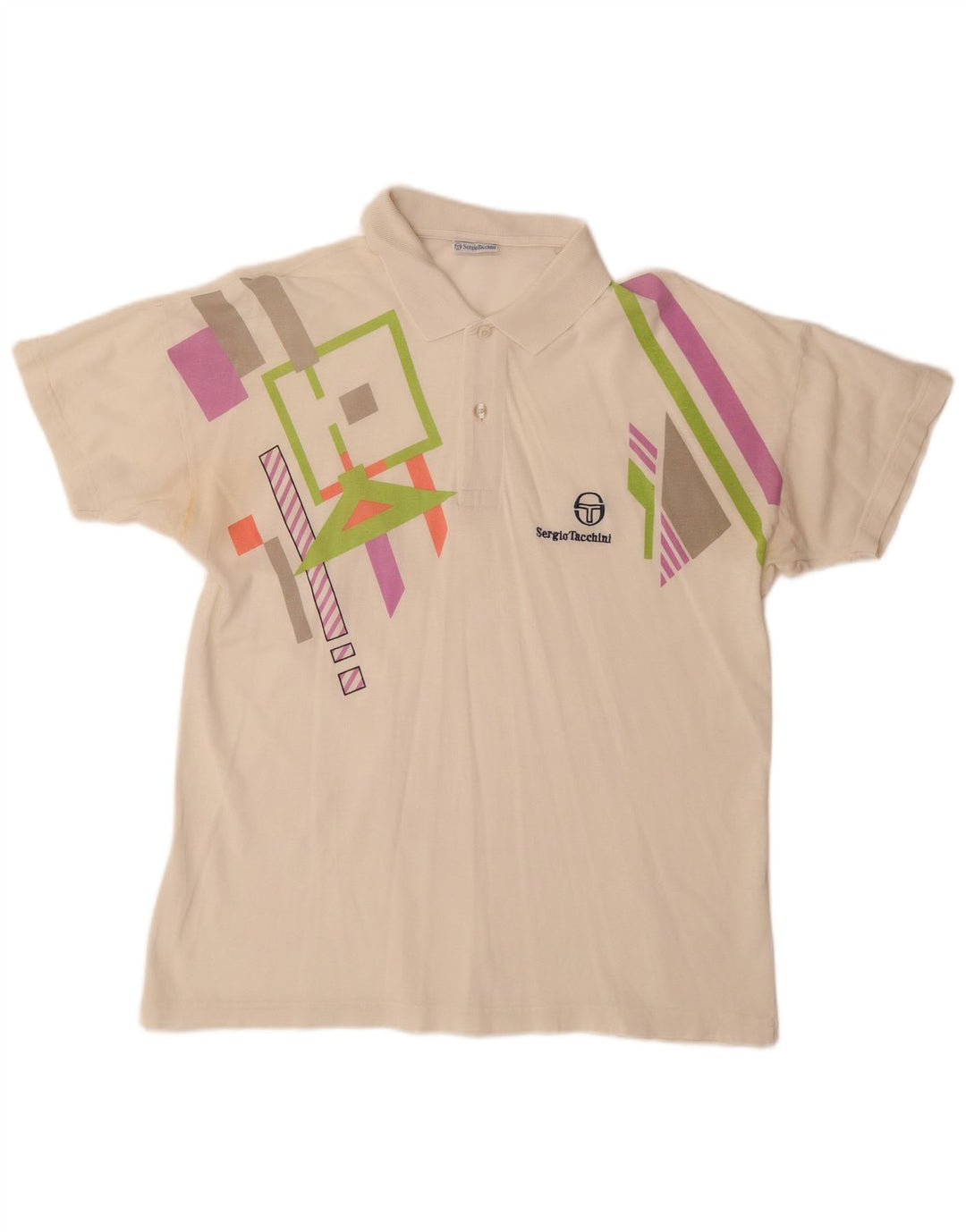 SERGIO TACCHINI Mens Polo Shirt EU 50 Medium Off White Geometric Cotton