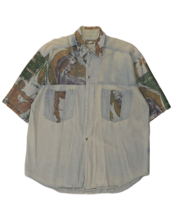 Vintage Mens Short Sleeve Denim Shirt Large Blue Patchwork Retro