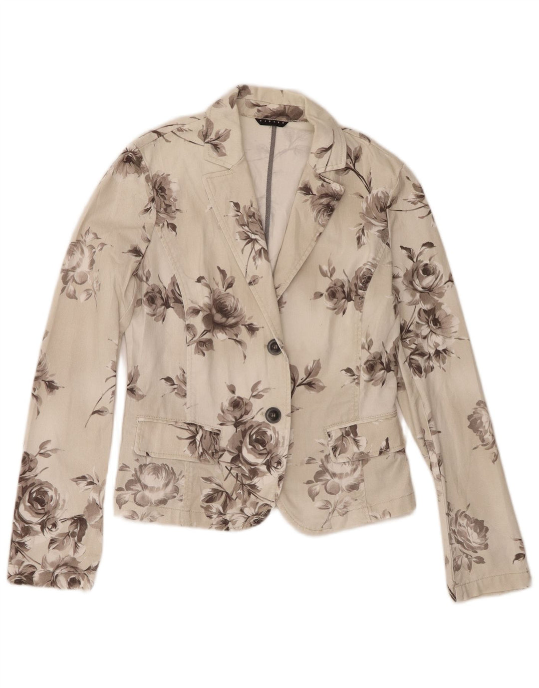 Sisley Womens 2 Button Denim Blazer Jacket UK 10 Small Off White Floral