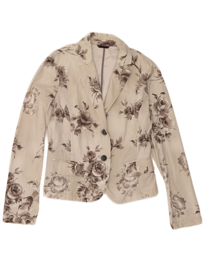 Sisley Womens 2 Button Denim Blazer Jacket UK 10 Small Off White Floral
