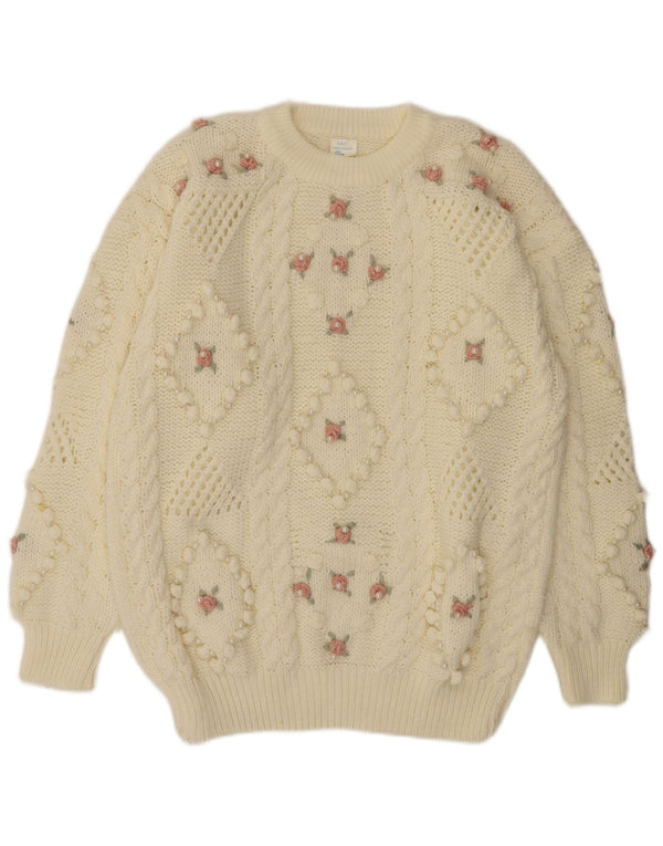 Vintage Womens Crew Neck Jumper Sweater UK 20 2XL Off White Floral