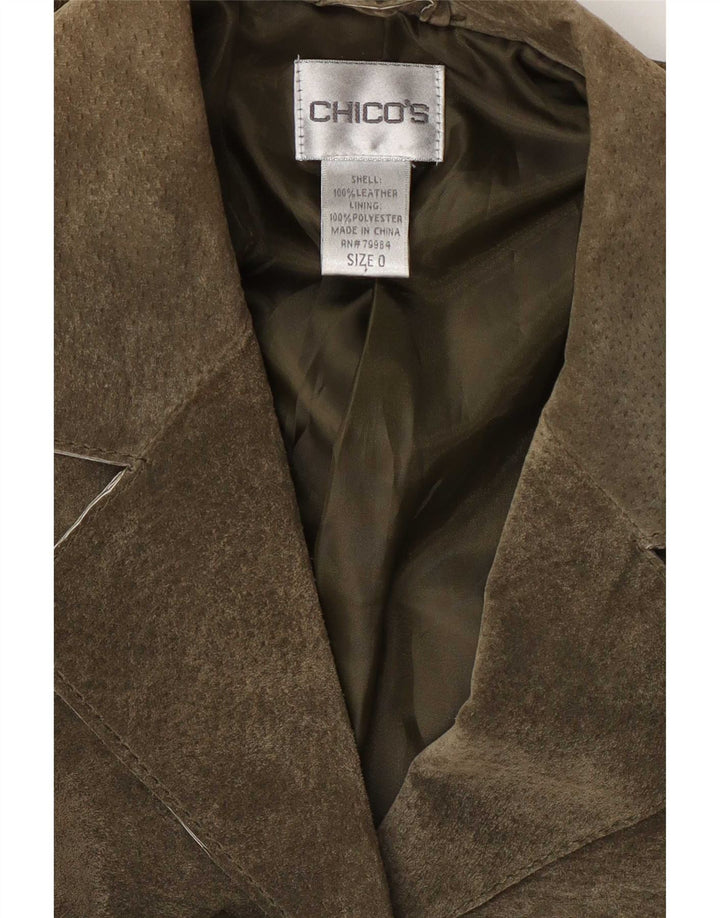 Chico's Womens Oversized 3 Button Suede Blazer Jacket US 0 XS Khaki Leather