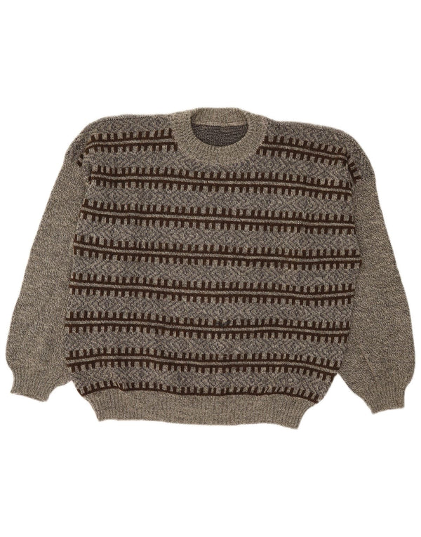 Vintage Mens Crew Neck Jumper Sweater Large Grey Geometric