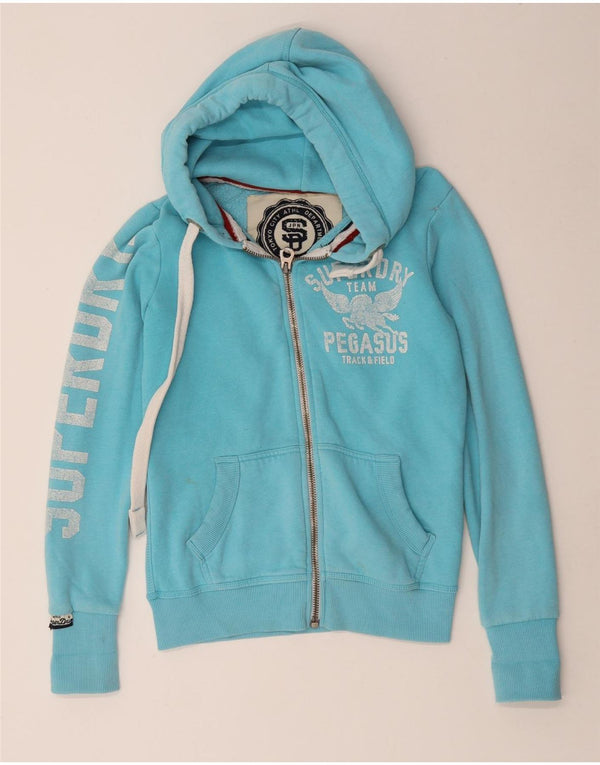Superdry Womens Graphic Zip Hoodie Sweater UK 6 XS Blue Cotton