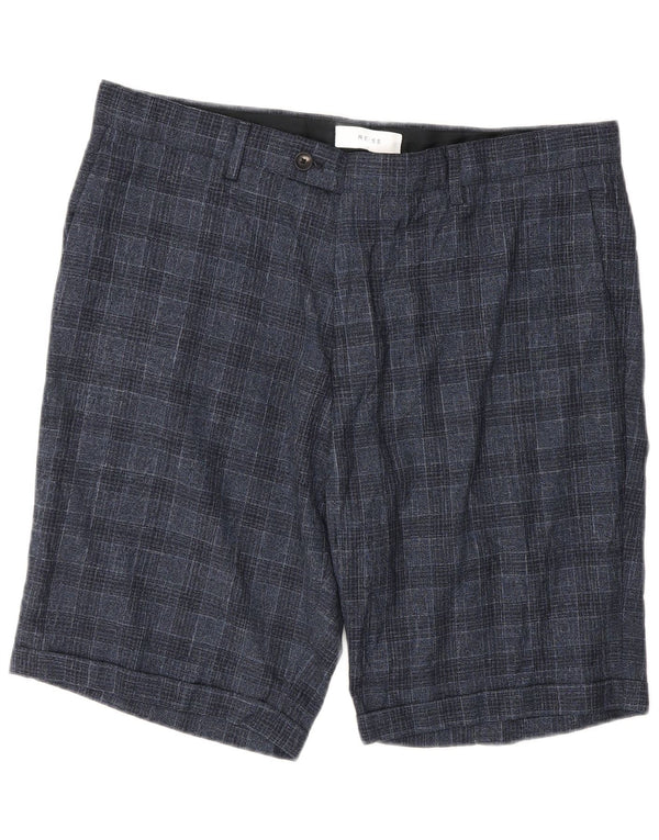 Reiss Mens Chino Shorts W34 Large Navy Blue Check Wool