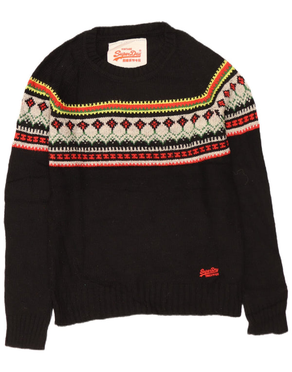 SUPERDRY Mens Crew Neck Jumper Sweater Medium Black Fair Isle Acrylic