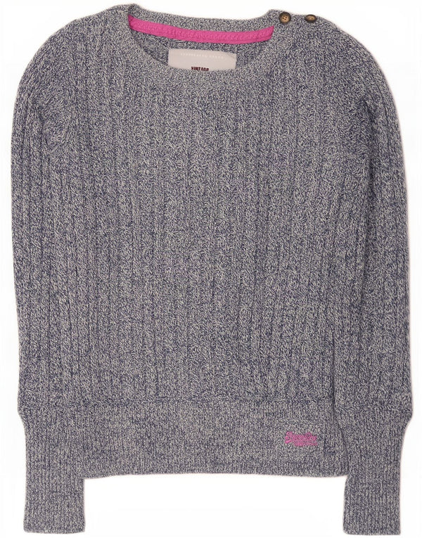 Superdry Womens Boat Neck Jumper Sweater UK 14 Large Blue Flecked Cotton