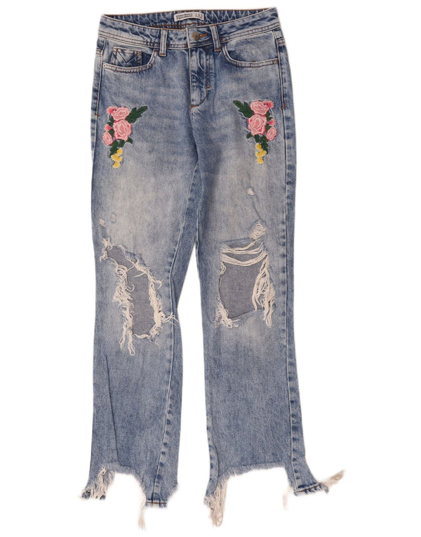 Zara Womens Distressed Straight Jeans EU 34 2XS W24 L29 Blue Floral